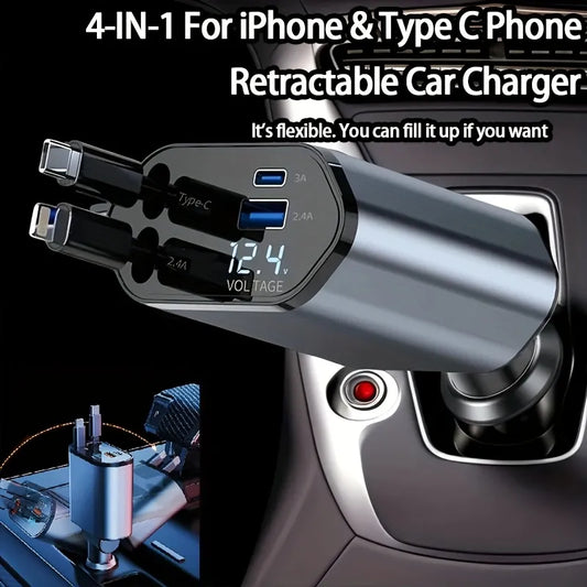 Retractable 4-in-1 Car Charger – Fast, Tidy & Travel-Ready