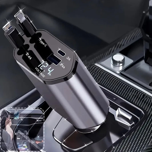 Retractable 4-in-1 Car Charger – Fast, Tidy & Travel-Ready